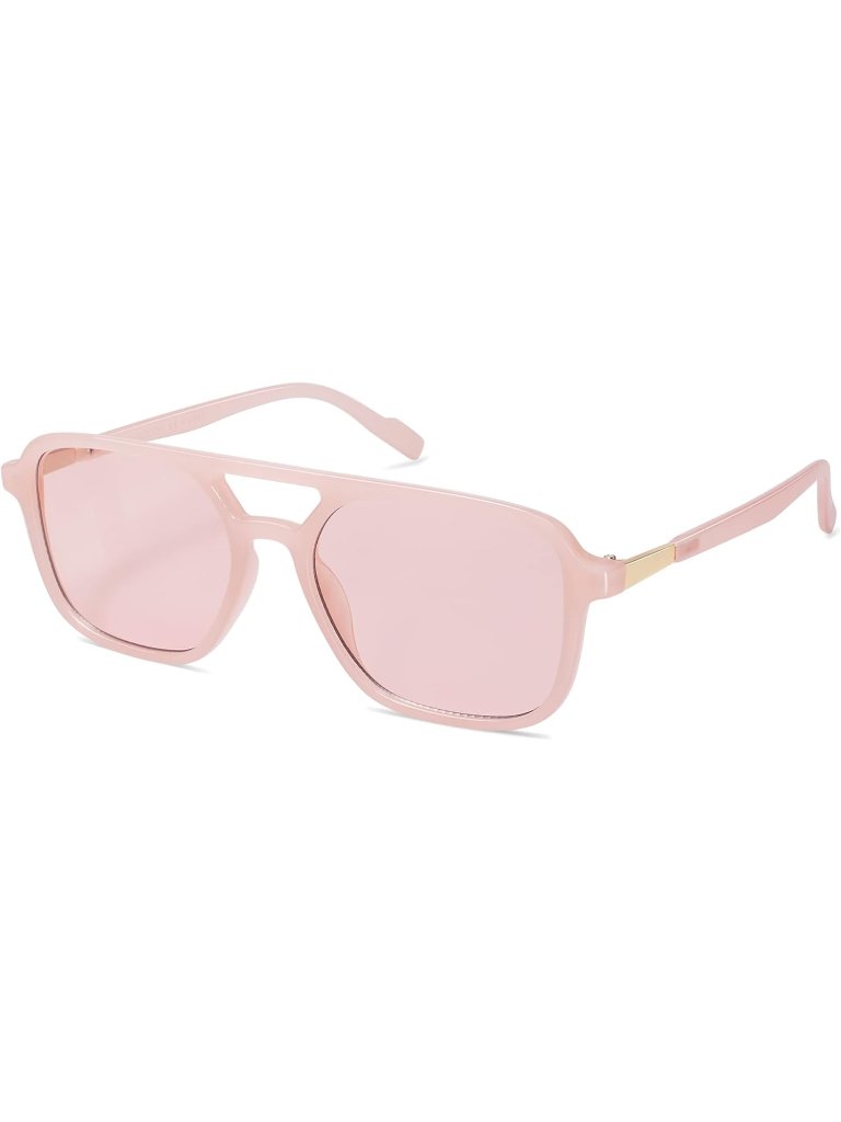 Women's Milky Pink Trendy Rectangle Retro Aviator Sunglasses Elegant Design